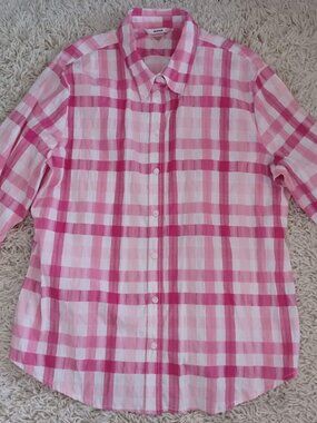 Alia Womens Plaid Button Up Shirt Size 18 Pink White Lightweight Long Sleeve